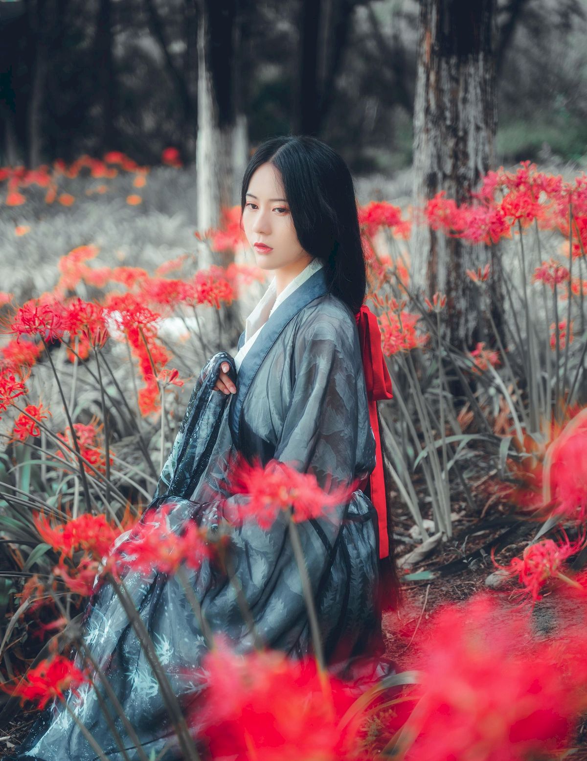 古典美女野外彼岸花丛中身着汉服 让人沉醉其中-御萝部落